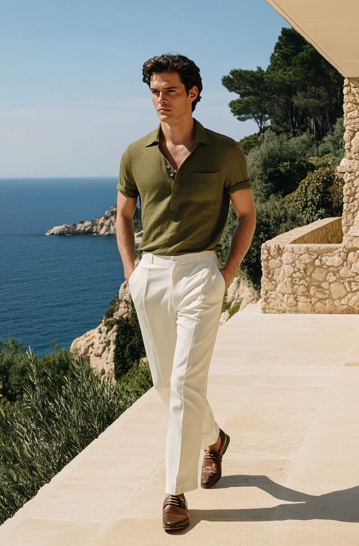 men’s old money riviera outfit green polo & cream trousers summer coastal elegance